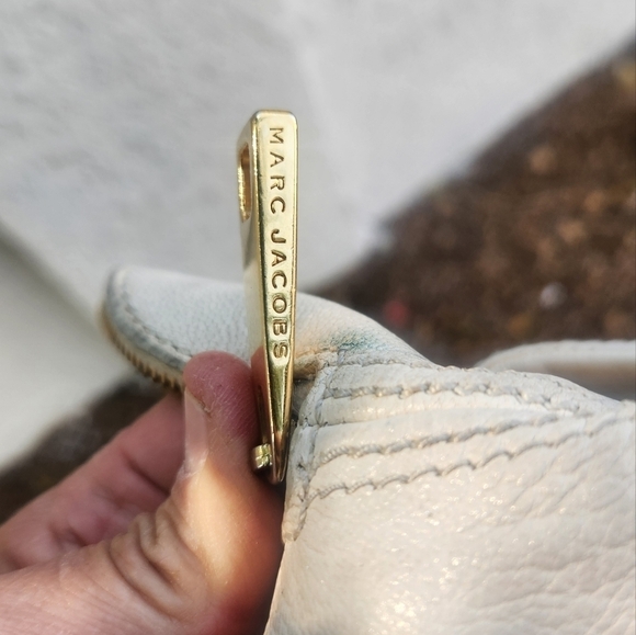 Marc Jacobs Chain Strap White Shoulder Bag Large Satchel Gold Logo Plate Leather - Picture 10 of 10